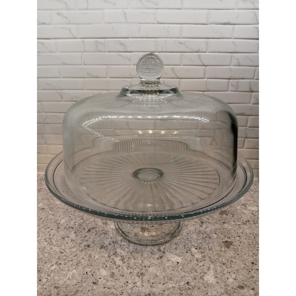 Clear Pressed Glass Cake Stand with Dome Lid, 12" Round, Glossy Finish, Set